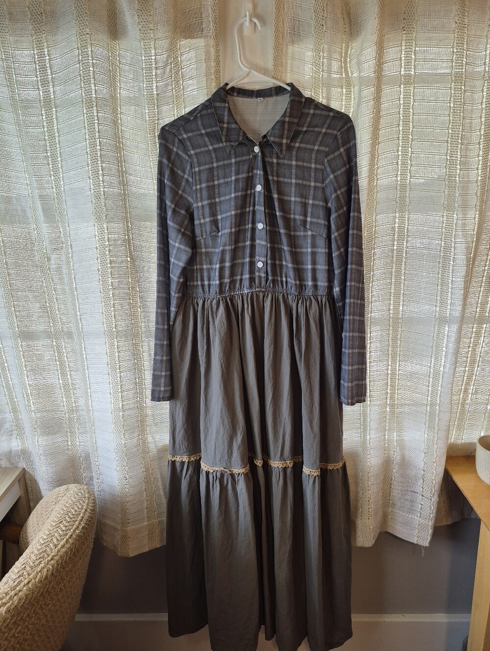 Gray Plaid Bodice Tiered Prairie Cottagecore Maxi Dress Size XL